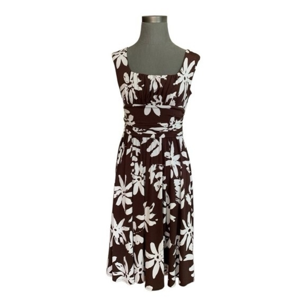 Maggy London Women's Brown White Floral Print Stretch Midi Dress 10 Elastic VG - Picture 4 of 8